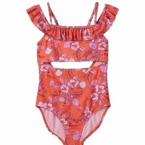 Art Class Coral&Purple Floral Flutter Off Shoulder One Piece & Peekaboo XS(4/5)